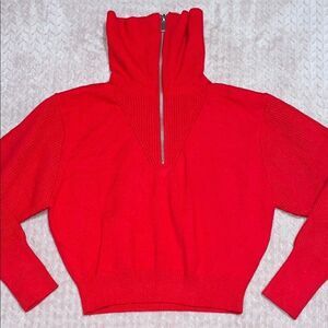 Zara Womens Red Knit 1/4 Zip Collared Long Sleeve Pullover Sweater